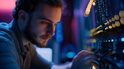 A focused technician adjusts equipment in a dimly lit room, showcasing a blend of technology and expertise.