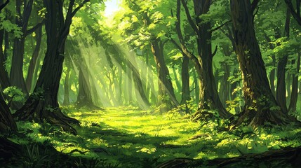 Naklejka premium Sunbeams illuminate a lush green forest path.