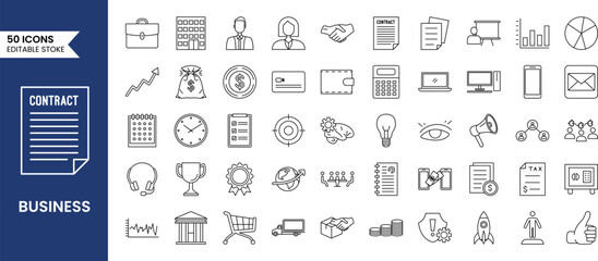 Business icon set in line style. Teamwork, target, growth, banking, documents and more. Vector illustration