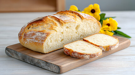Fototapeta premium Freshly baked crusty bread loaf sliced on a wooden cutting board in a bright kitchen setting with yellow flowers.