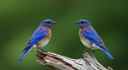 Obraz premium Two Eastern Bluebirds Perched on a Branch Against Green Background
