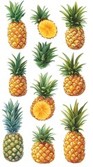 Collection of pineapples whole and sliced, isolated on white background
