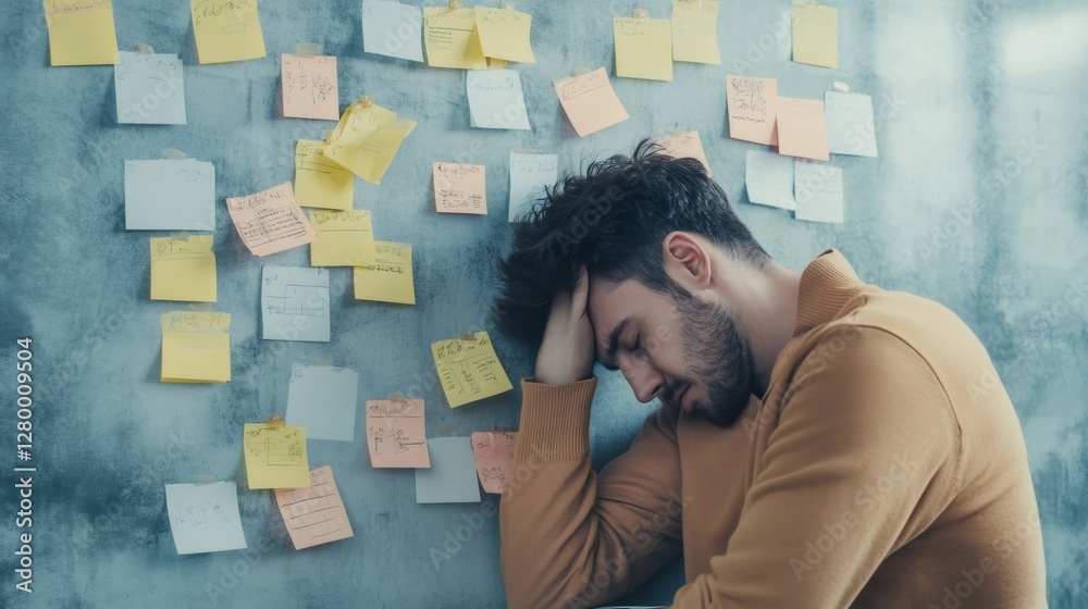 Poster stressed professional leans against a wall covered in sticky notes, symbolizing chaos and multitaski