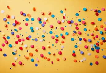 Colorful confetti scattered on bright yellow backdrop celebrating festive occasions, events, parties, and joyful celebrations with vibrant hues of blue, pink, and orange