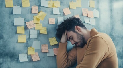 Stressed professional leans against a wall covered in sticky notes, symbolizing chaos and multitasking challenges in a fast paced work environment