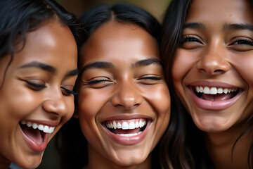 Three joyful women laughing together, their faces glowing with happiness, captured in a warm and lively moment. AI-generated
