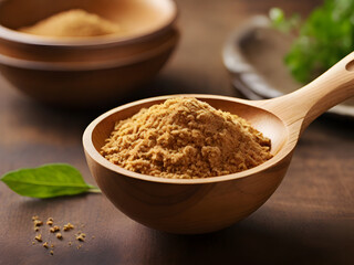 Spiced Culinary Delight: A wooden spoon cradles a generous scoop of aromatic spice powder, hinting at the rich flavors and culinary possibilities. 