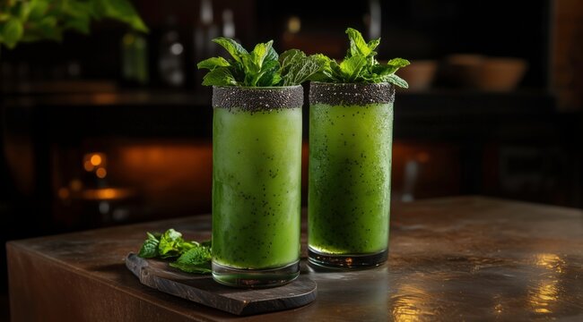 Emerald Elixir: A refreshing duo of vibrant green beverages, exquisitely garnished with fresh mint, stands invitingly on a rustic wooden surface.