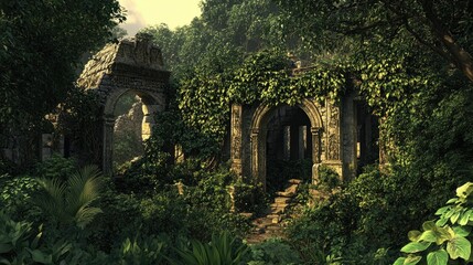 Naklejka premium Ancient Ruins Overgrown by Lush Jungle Vegetation