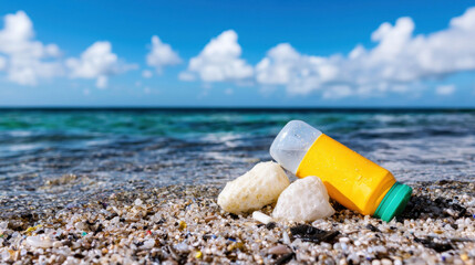 Environmental crisis. Bottle on sandy beach with rocks and ocean in background.