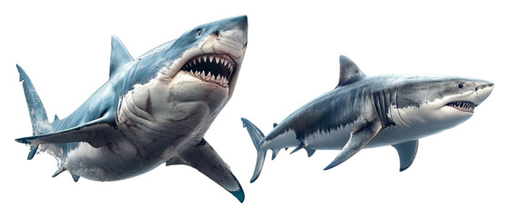 Fototapeta premium Two Great White Sharks In Dynamic Movement Isolated Against White or Transparent Background, PNG