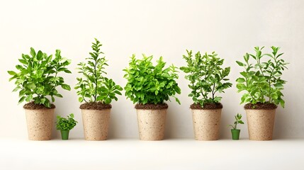 Fototapeta premium Diverse array of tree seedlings in biodegradable pots isolated on a clean white background