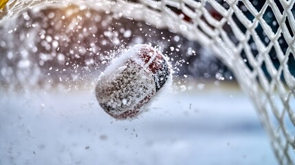 Snow Covered Hockey Puck Entering Net in Winter Game Action Shot