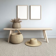 Light Blue Wall Display With Wooden Bench Two Frames and Woven Accessories