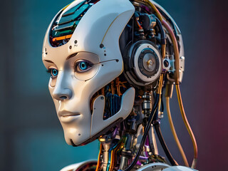 Fototapeta premium Ethereal Cyborg: A captivating cyborg gazes with serene expression. Detailed close-up reveals intricate internal components, blending artificial and human features.