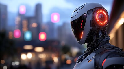 Cyberpunk Cityscape: Futuristic Robot in Neon Lights
