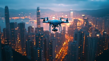 A drone flying over a cityscape at twilight or dusk
