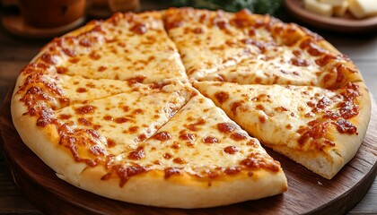 Sliced cheese pizza on wooden board, kitchen background
