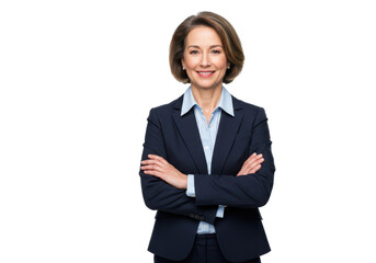 A professional middle-aged woman in a dark blue suit with a light blue shirt, standing with arms crossed and smiling