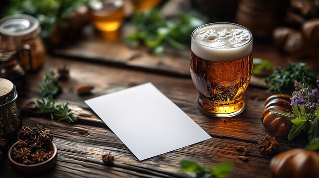 Blank card on rustic table with beer and autumn decor.