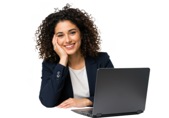 A cheerful woman with curly dark brown hair in a navy blazer and white blouse, seated at a desk with a laptop, smiling and resting her hand on her face