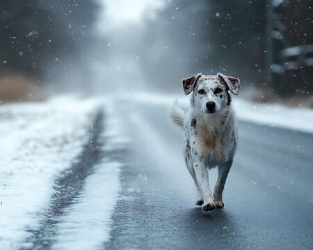 Dog walking snowy road, winter forest