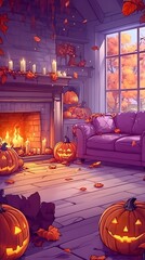Obraz premium Cozy autumn room, pumpkins, fireplace