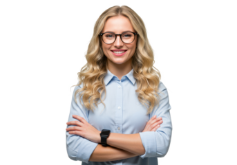A blonde woman with wavy hair wearing glasses and a light blue shirt, standing with arms crossed and smiling