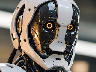 Fototapeta premium The Digital Gaze: A close-up shot of a futuristic robot head, featuring sleek, white, and metallic designs, with mesmerizing golden glowing eyes.