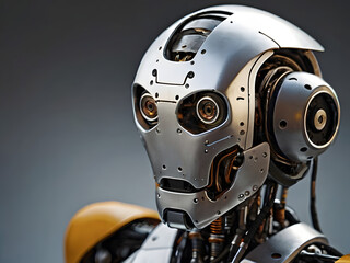 Fototapeta premium Technological Marvel: A close-up view of a highly detailed, futuristic robot head, showcasing intricate mechanical designs, metallic surfaces, and advanced technology.