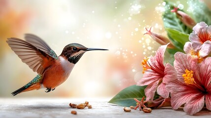 Fototapeta premium Stunning close up photograph of a hummingbird hovering near a vibrant colorful tropical flower in the lush verdant rainforest environment The bird s delicate features iridescent feathers