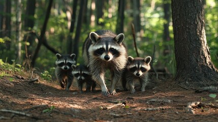 A raccoon mother with her babies following closely in a forest clearing.