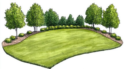Fototapeta premium Green Lawn Surrounded by Trees and Shrubs Forming a Serene Outdoor Landscape