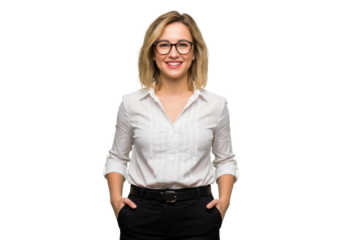 A smiling woman with shoulder-length blonde hair wearing glasses, a white blouse, and black trousers