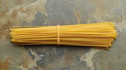 Freshly Packaged Spaghetti Noodles Tied with Rubber Band on Stone Surface