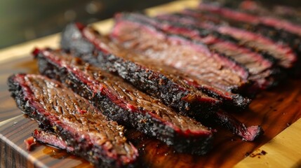 Savory slices of perfectly smoked brisket displayed on a wooden cutting board, showcasing rich textures and deep flavors ideal for a barbecue celebration with family and friends.