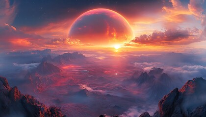 A fiery planet rising above a mountain range in beautiful sunset
