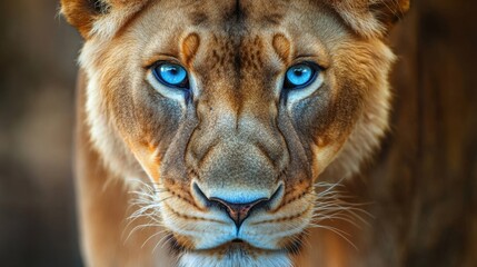 Fototapeta premium Intense Close-up Portrait of a Lioness with Striking Blue Eyes