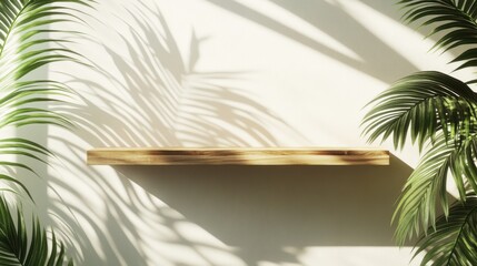 Fototapeta premium Wooden Shelf Against Wall with Green Leaves and Shadow Play