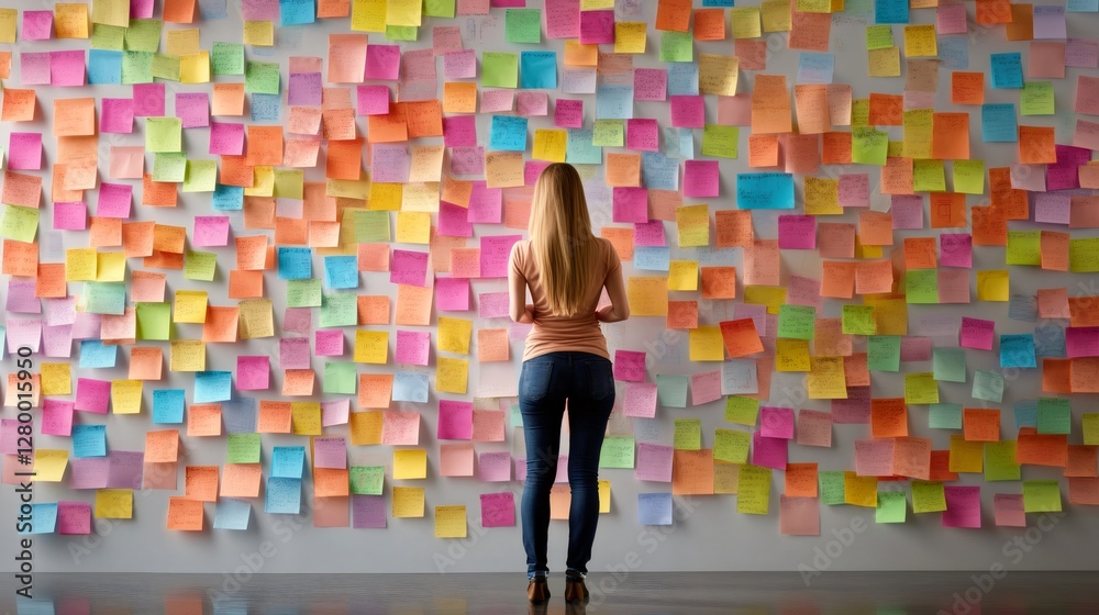 Aufkleber Project manager analyzing a wall covered with colorful sticky notes, trying to find a solution for a complex project with a fast approaching deadline and managing her time efficiently