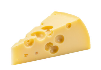A triangular slice of Swiss cheese with holes of various sizes, isolated on a white background