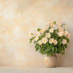 Peach Colored Flowers with Yellow Centers in a Textured Vase Against a Mottled Beige Backdrop