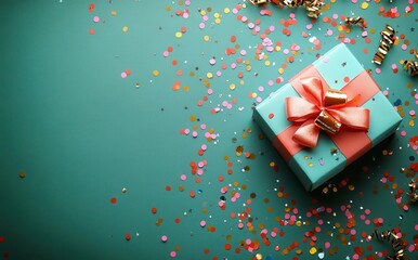 Colorful gift box with pink ribbon and festive confetti scattered on a teal background, perfect for celebrations and special occasions photography.