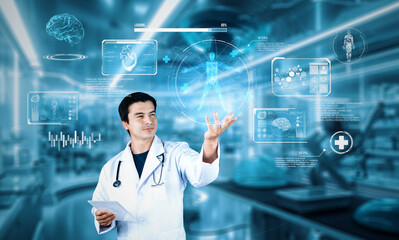 Doctor looking at medical data hologram and lab coat pointing at medical data while managing augmented reality technology and standing at laboratory with blurring background. Healthcare. Ingenuity.