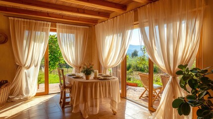 Cozy Dining Area with Natural Light and Elegant Sheer Curtains