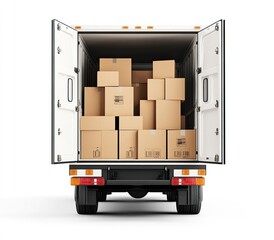 Loaded delivery truck, cargo boxes, white background, shipping