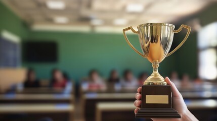 hand holding large award trophy. Background blurred class room.