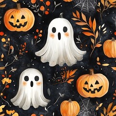 Autumn Halloween ghosts pumpkins pattern