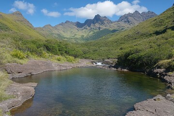 Serene Mountain Lake with Lush Greenery and Volcanic Rocks