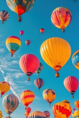 Obraz premium Colorful Hot Air Balloons Floating in a Bright Blue Sky with Whimsical Patterns and Vibrant Colors During a Clear Day in Autumn